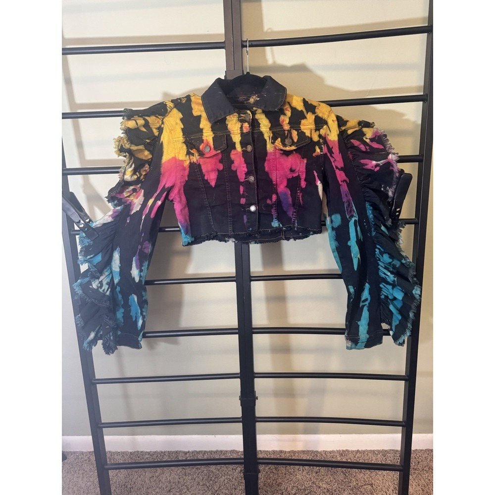 Tie Dye Denim Jacket Ruffle Sleeves Cropped Purple Candy Festival Boho Juniors M